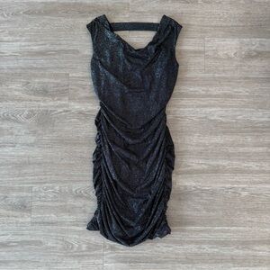 Sweet Storm Sparkly Black Ruched Cowl Neck Bodycon Y2K Party Dress, Size Large